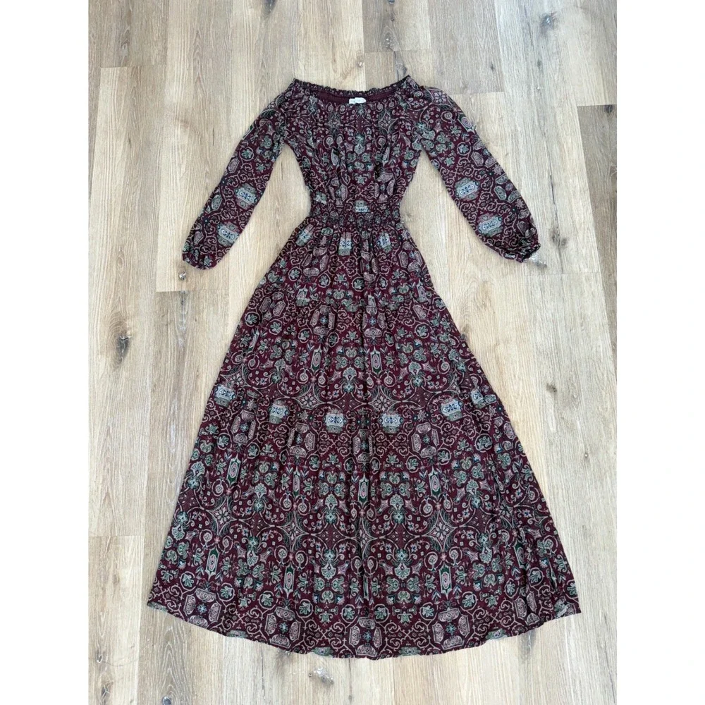 Abercrombie & Fitch Boho Maxi Dress XS Burgundy Paisley Whimsygoth Ethereal